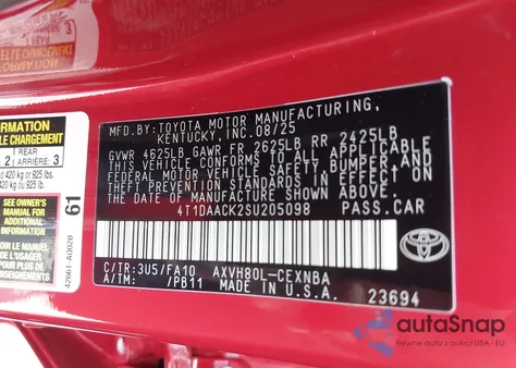 2025 Toyota Camry Le из США, поврежденный, VIN 4T1DAACK2SU205098